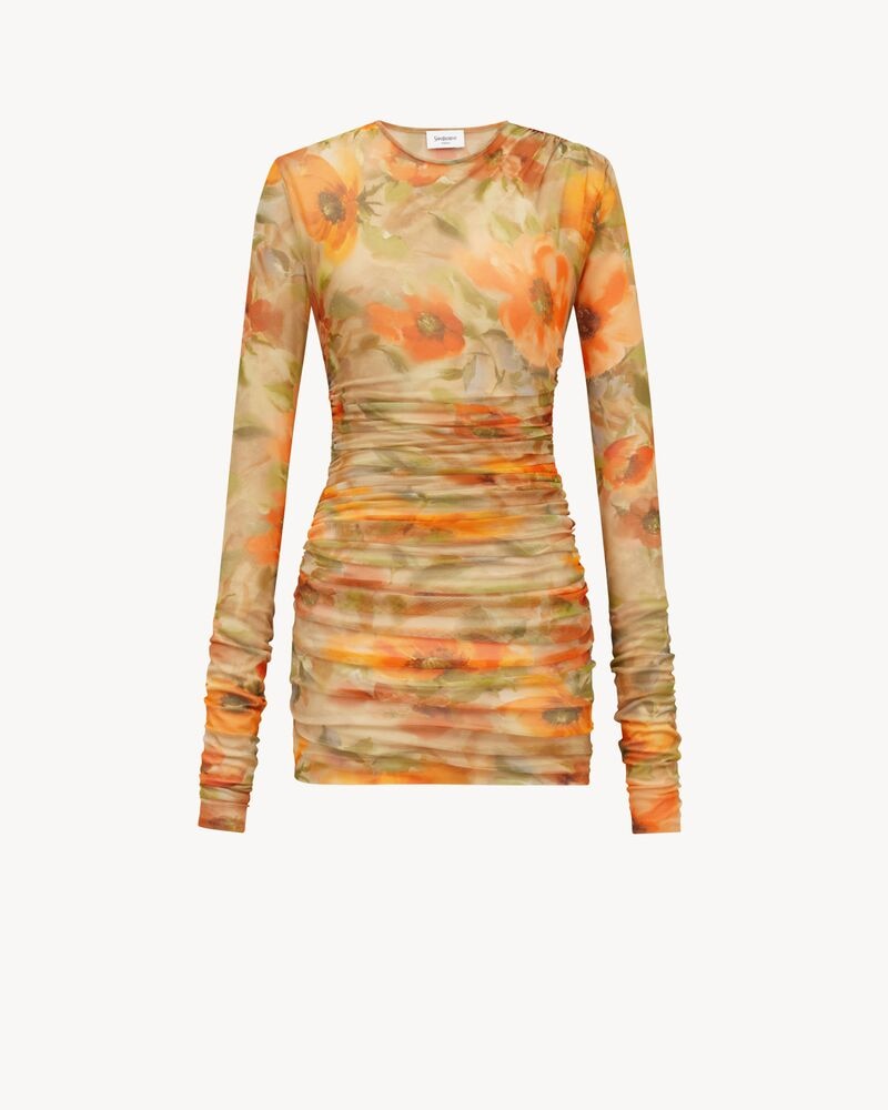 ruched mini dress in floral tulle jersey