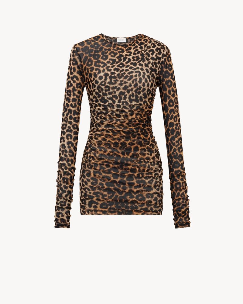 ruched mini dress in leopard tulle jersey