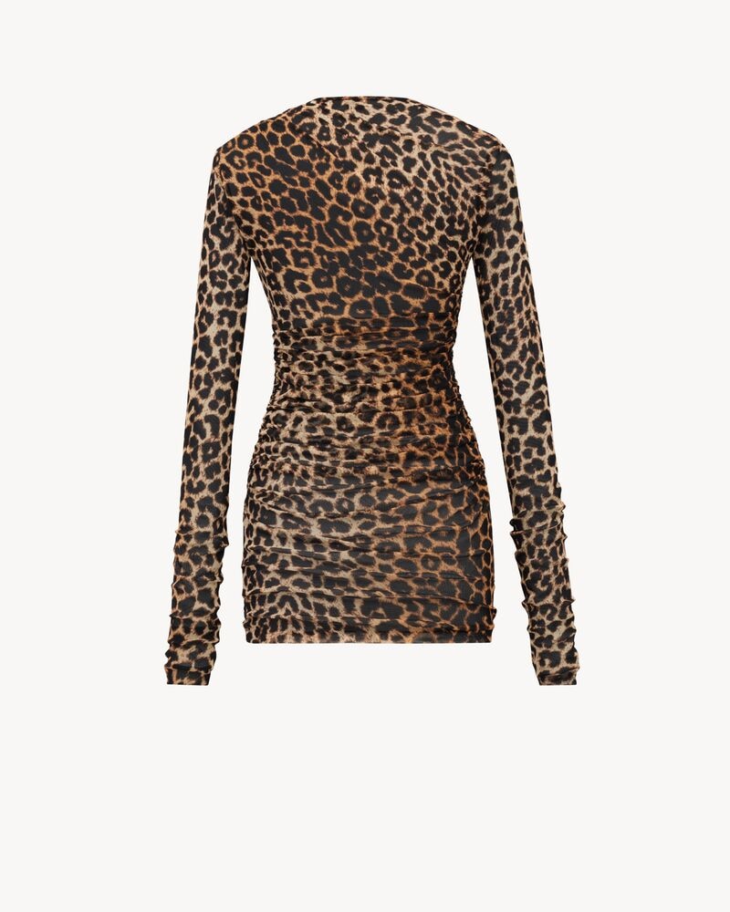 ruched mini dress in leopard tulle jersey