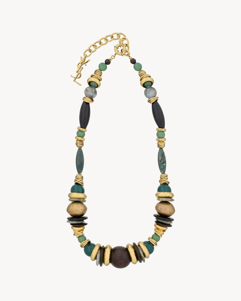 oversized necklace in gemstones, wood, resin, and metal