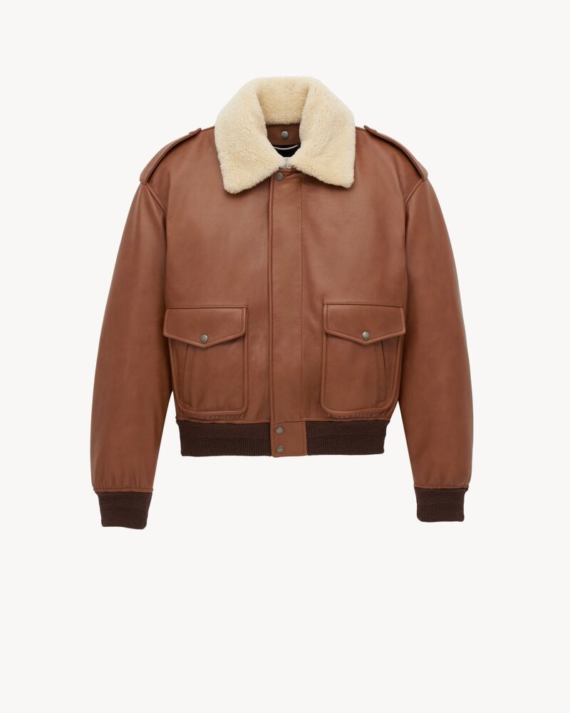 bomber jacket in grained leather and shearling