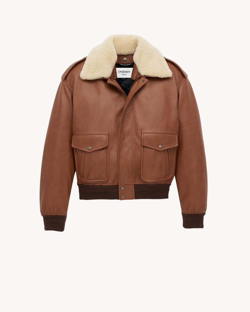 bomber jacket in grained leather and shearling