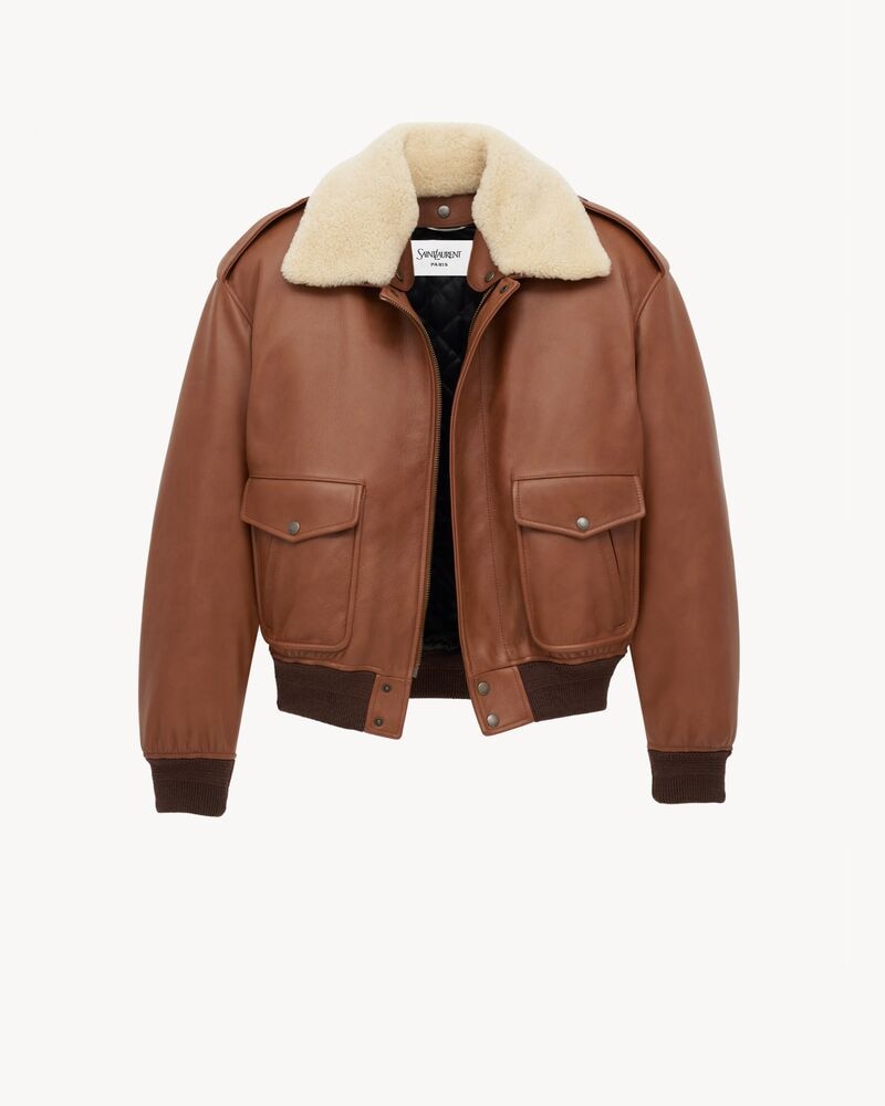 bomber jacket in grained leather and shearling